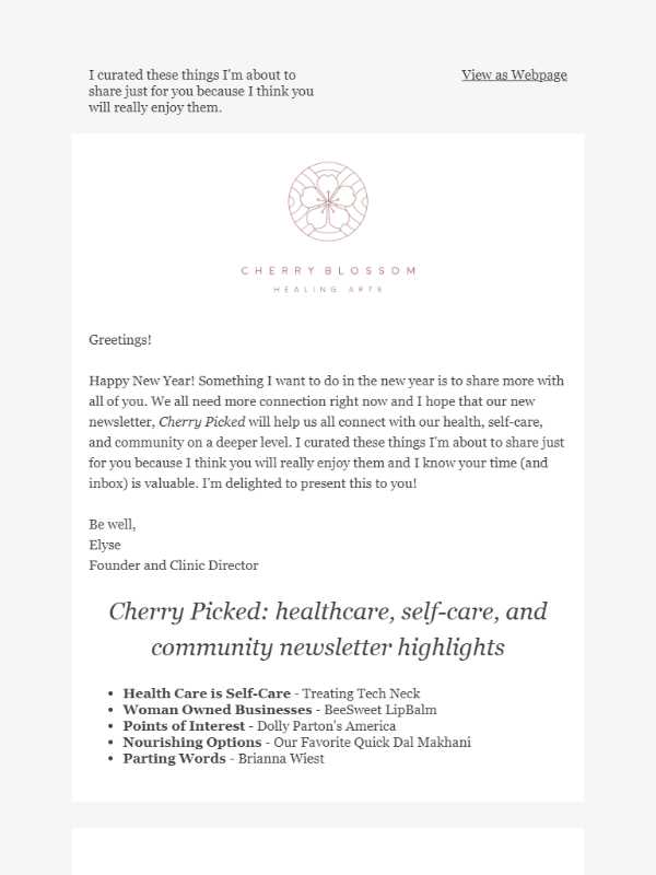 Cherry Blossom Healing Arts - newsletter screenshot - greetings