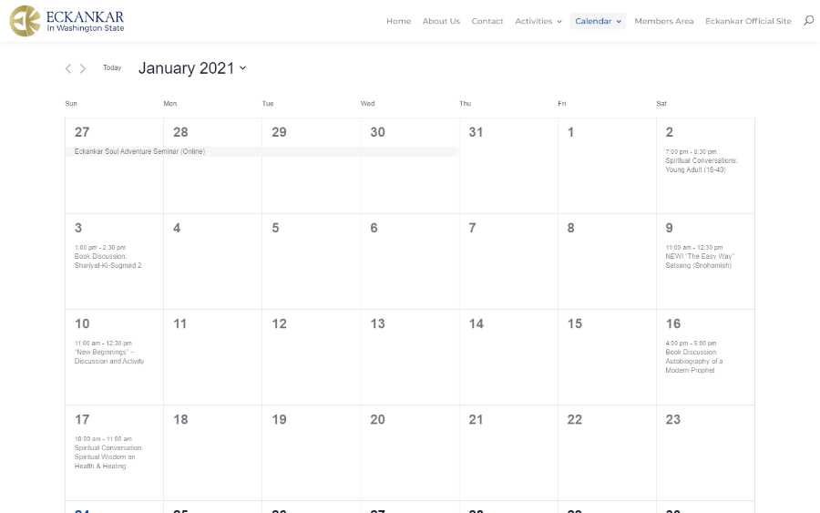 Eckankar in Washington State -  laptop screenshot - month calendar