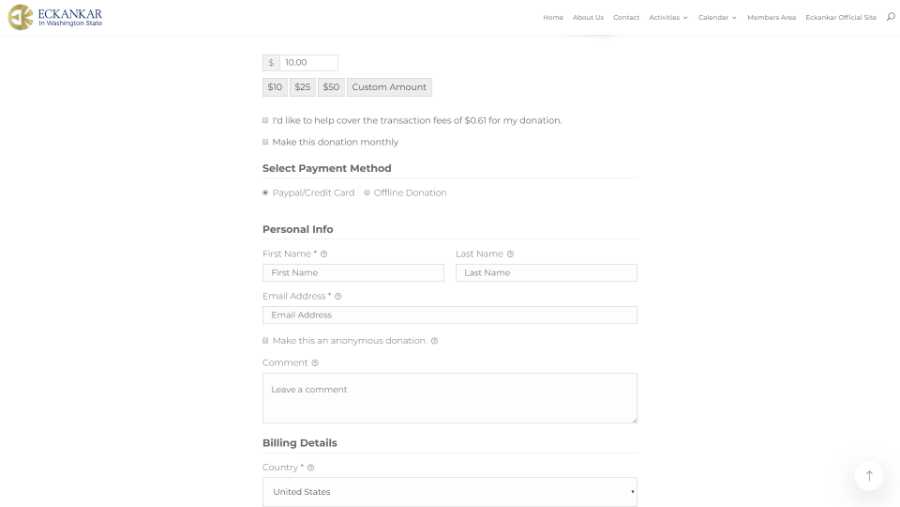 Eckankar in Washington State -  desktop screenshot - donation form