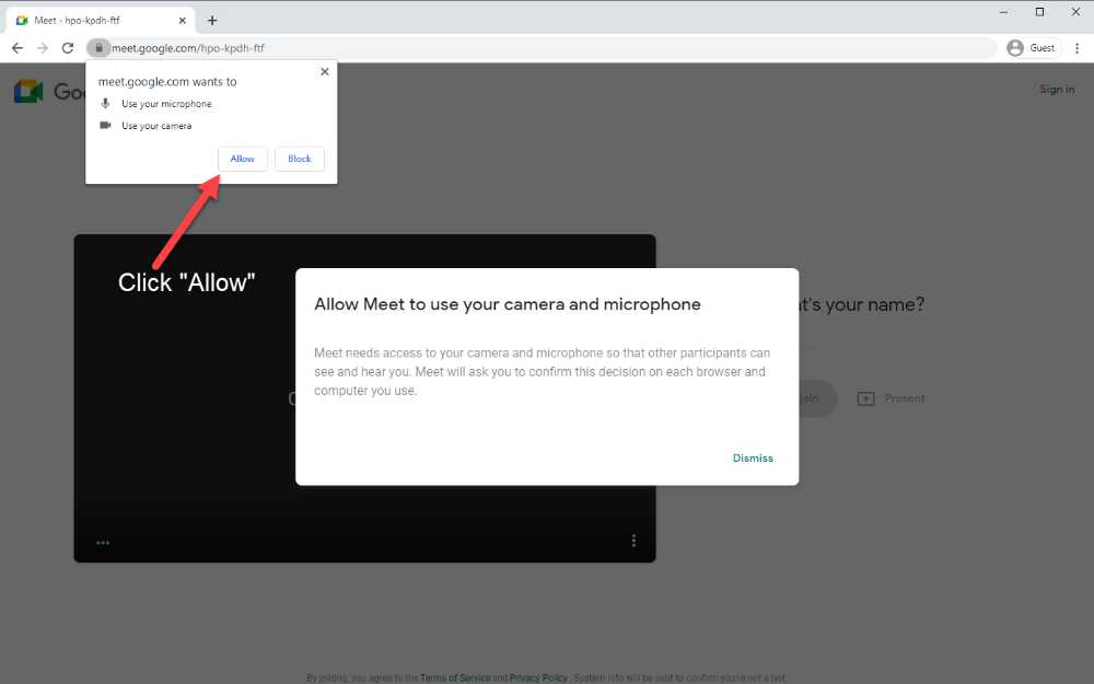 Screenshot of Google Meet - Browser Security & Permissions