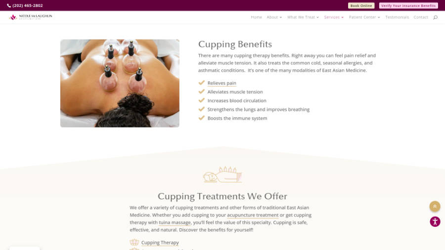 Desktop screenshot of Nicole McLaughlin Acupuncture - Cupping page - Benefits section