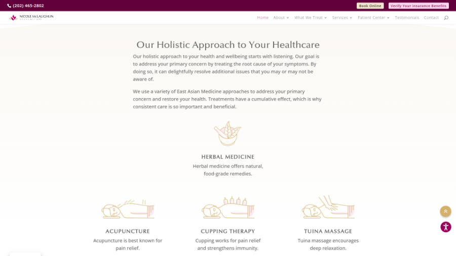 Desktop screenshot of Nicole McLaughlin Acupuncture - home page - Our Holistic Approach section