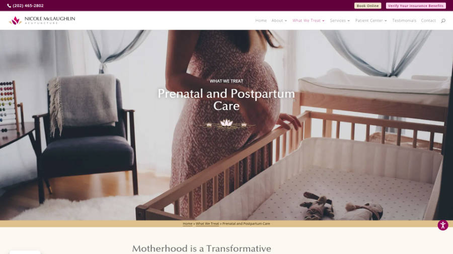 Desktop screenshot of Nicole McLaughlin Acupuncture - Prenatal Care page - splash header