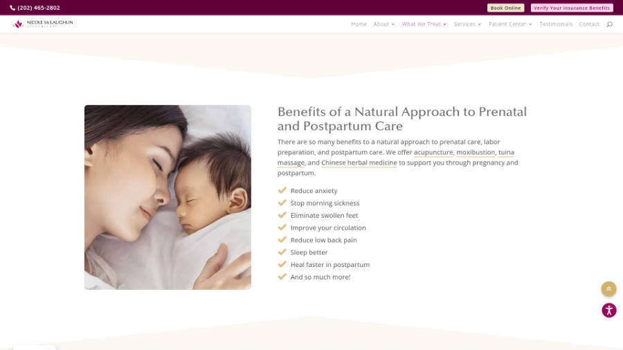 Desktop screenshot of Nicole McLaughlin Acupuncture - Prenatal Care page - benefits section