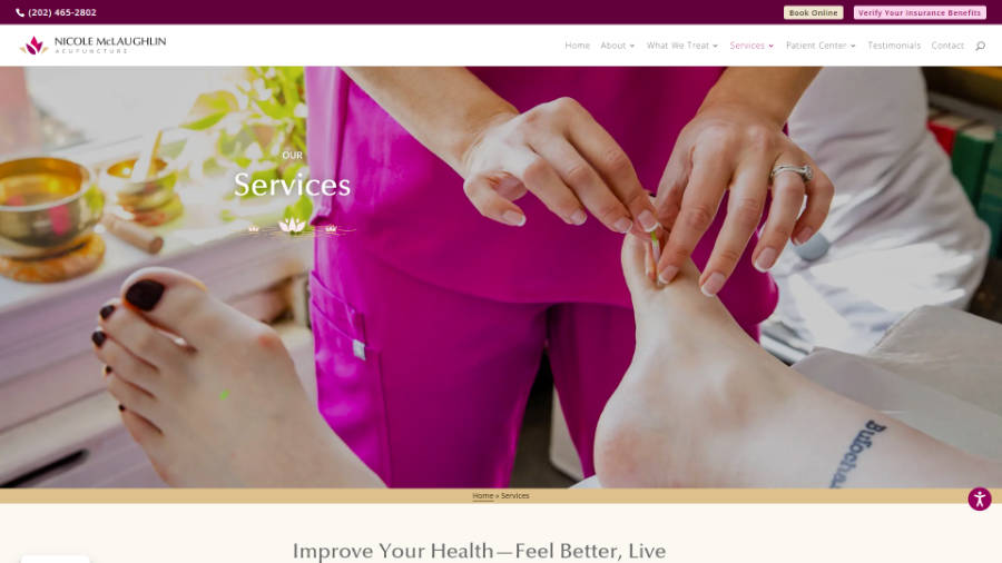 Desktop screenshot of Nicole McLaughlin Acupuncture - Services page - splash header