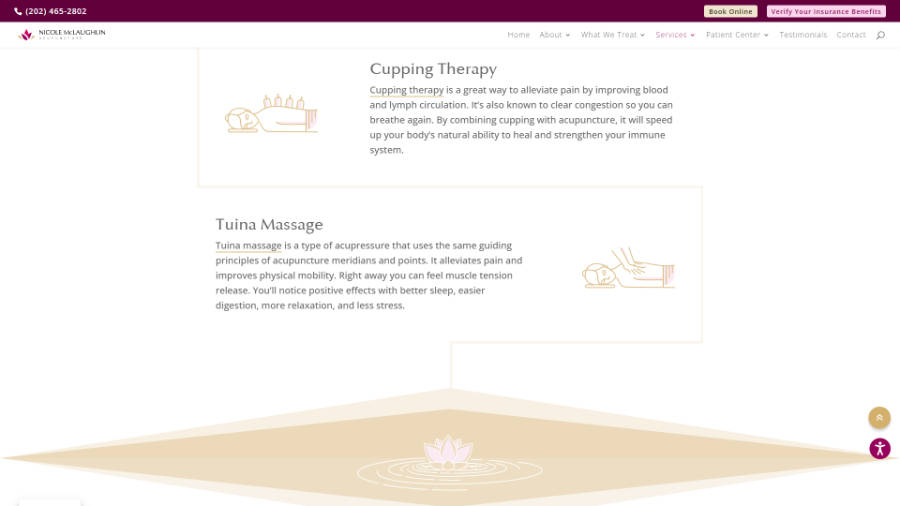 Desktop screenshot of Nicole McLaughlin Acupuncture - Services page - service descriptions