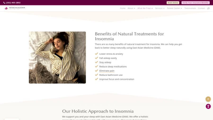 Desktop screenshot of Nicole McLaughlin Acupuncture - Sleep and Insomnia page - Benefits section