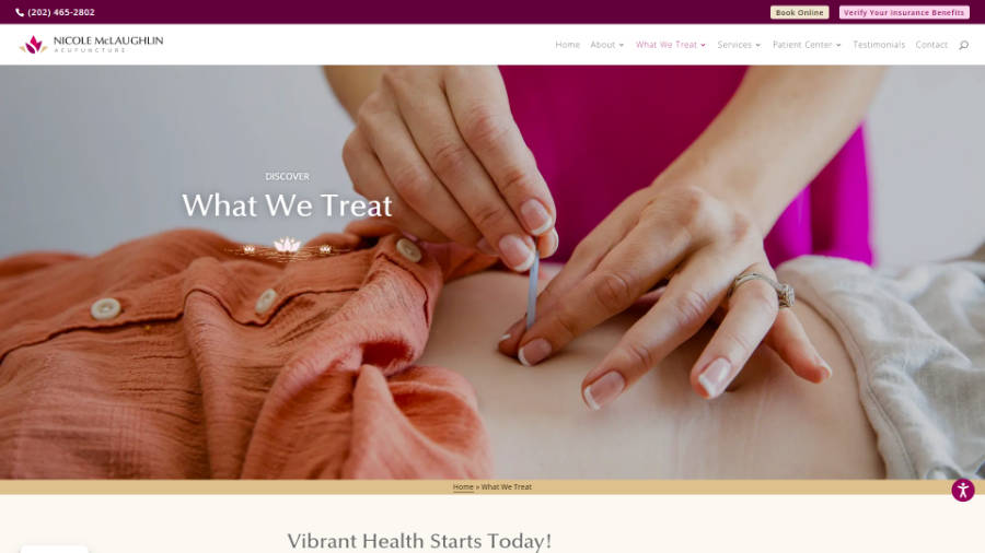 Desktop screenshot of Nicole McLaughlin Acupuncture - What We Treat page - splash header