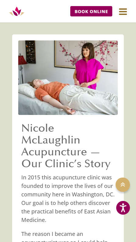 Mobile screenshot of Nicole McLaughlin Acupuncture - About page - Clinic Story section