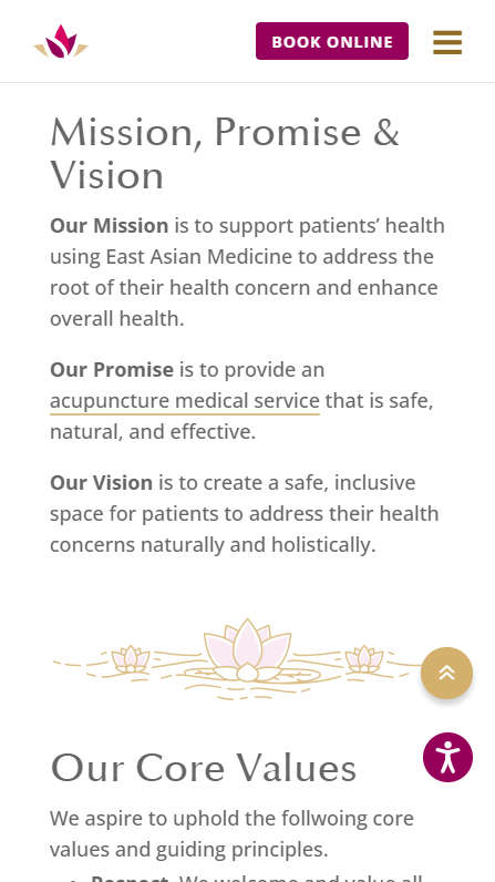 Mobile screenshot of Nicole McLaughlin Acupuncture - About page - Mission, Promise, Vision section