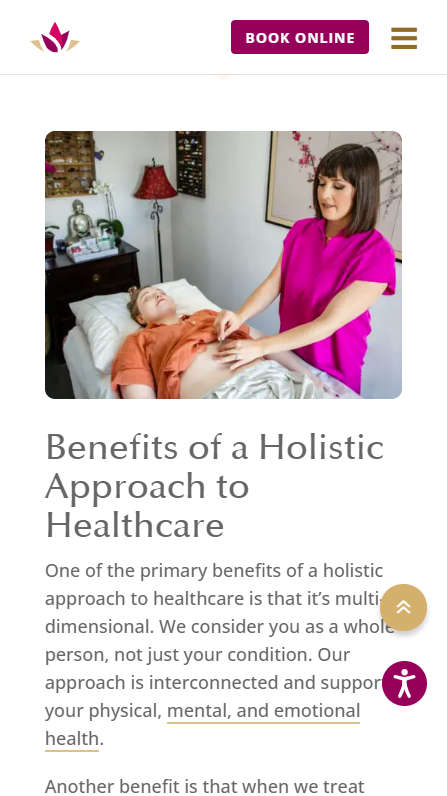 Mobile screenshot of Nicole McLaughlin Acupuncture - Services page -  Benefits to Holistic Approach section