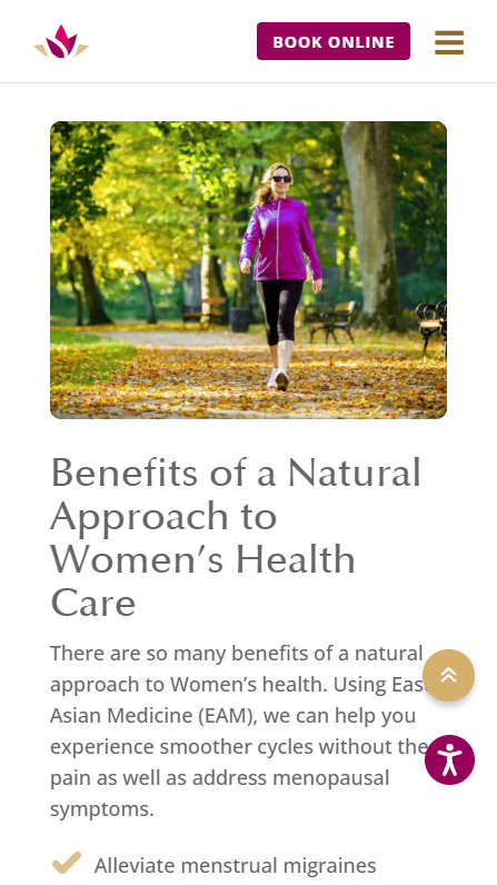 Mobile screenshot of Nicole McLaughlin Acupuncture - Women's Health page - Benefits section
