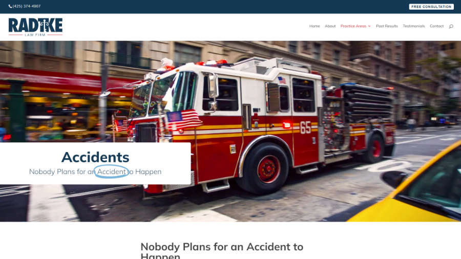 Radtke Law Frim desktop screenshot of the Accidents page splash header