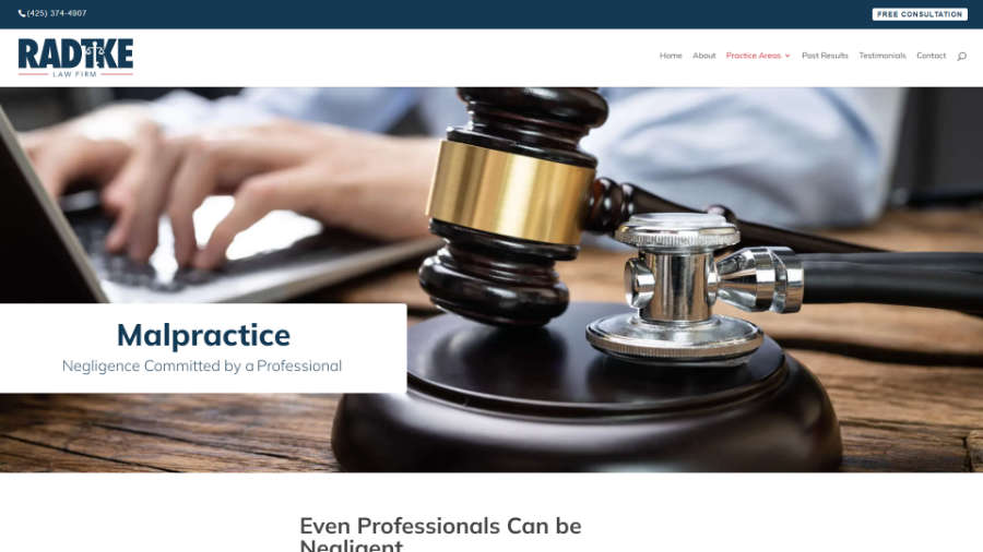 Radtke Law Frim desktop screenshot of the Malpractice page splash header