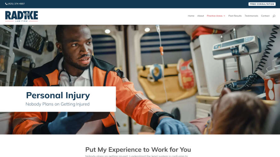 Radtke Law Frim desktop screenshot of the Personal Injury page splash header