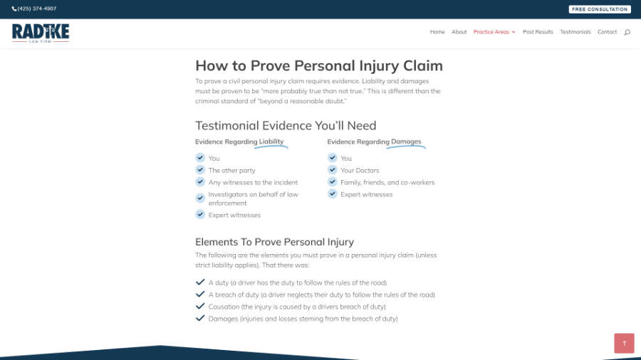 Radtke Law Frim desktop screenshot from the Personal Injury page