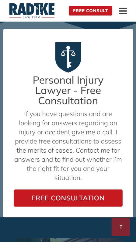 Radtke Law Frim mobile screenshot of the Free Consultation call to action
