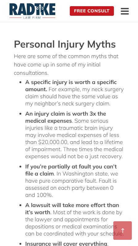 Radtke Law Frim mobile screenshot from Practice Areas page
