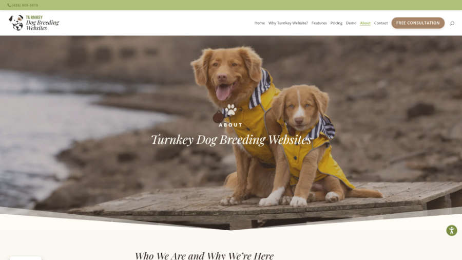 Desktop screenshot of Trunkey Dog Breeding Websites' about page splash header