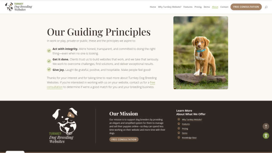 Desktop screenshot of Trunkey Dog Breeding Websites' about page - Our Guiding Principles