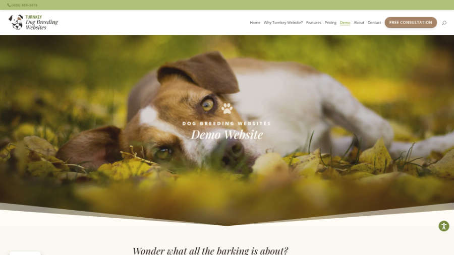 Desktop screenshot of Trunkey Dog Breeding Websites' demo page splash header