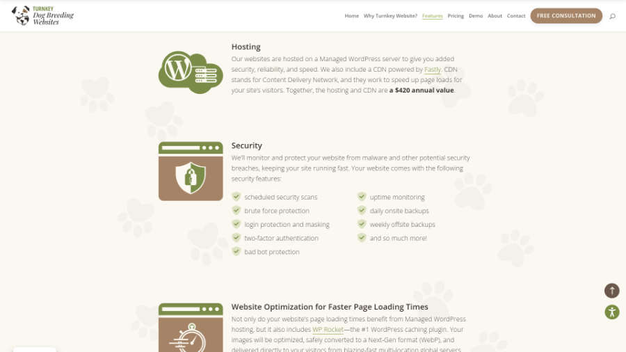 Desktop screenshot of Trunkey Dog Breeding Websites' features page - features list