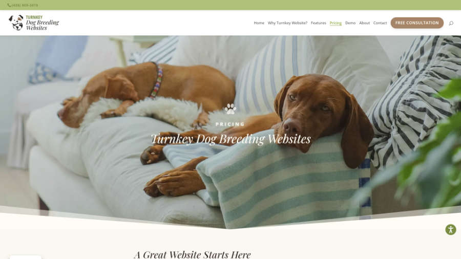 Desktop screenshot of Trunkey Dog Breeding Websites' Pricing page splash header