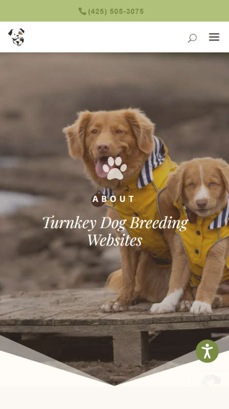 Mobile screenshot of Trunkey Dog Breeding Websites' About page splash header