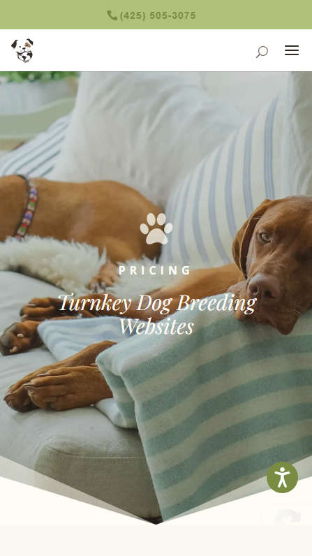 Mobile screenshot of Trunkey Dog Breeding Websites' Pricing page splash header